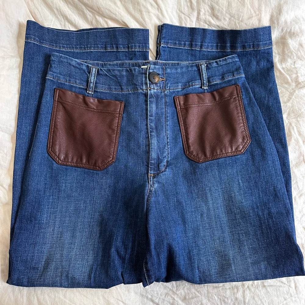 33TALL Anthropologie Colette Blue Denim with Brown Leather Pockets